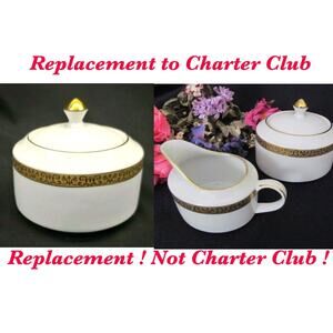 Charter Club Grand Buffet sugar bowl + creamer white Gold rim MACY's Porcelain